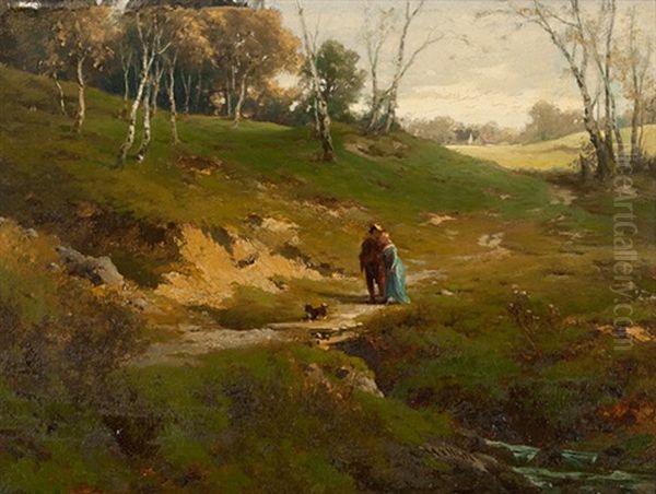 Bachlandschaft Mit Paar Und Hund by Eugen Hettich