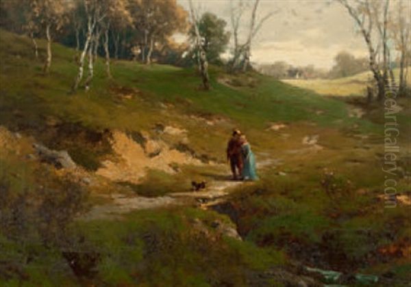 Bachlandschaft Mit Paar Und Hund Oil Painting by Eugen Hettich