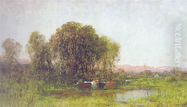 Kuhe An Der Tranke Oil Painting by Eugen Hettich