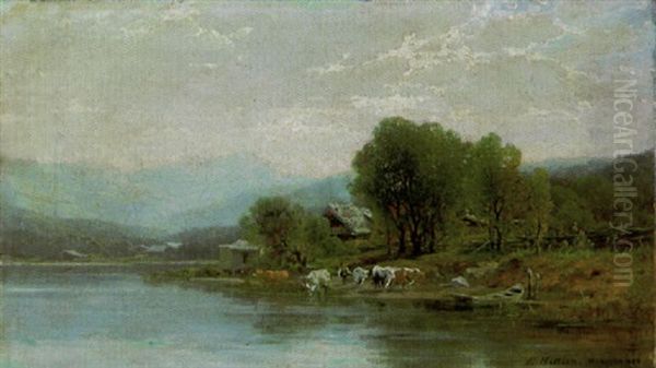 Hirte Mit Kuhen An Der Tranke Am Ufer Eines Gebirgssees Oil Painting by Eugen Hettich