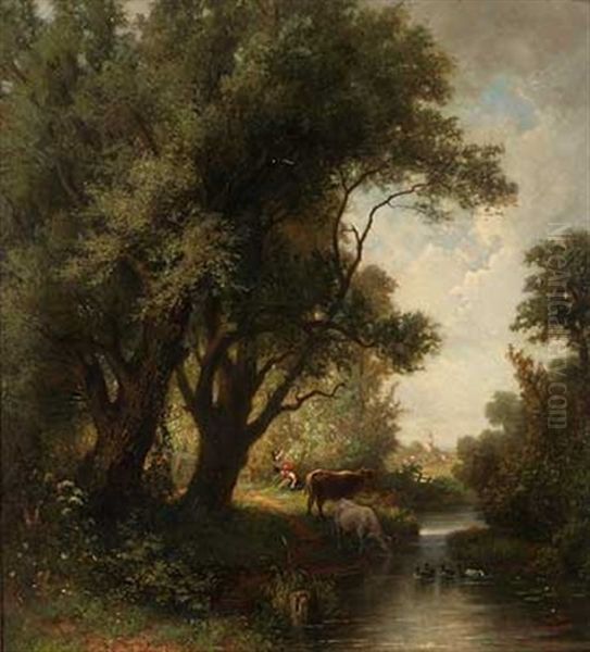 Vieh An Der Tranke Und Hirten Am Sommerlichen Dorfrand Oil Painting by Karl Hetz