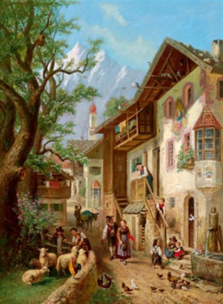 Reges Dorfleben, Munchen Oil Painting by Karl Hetz