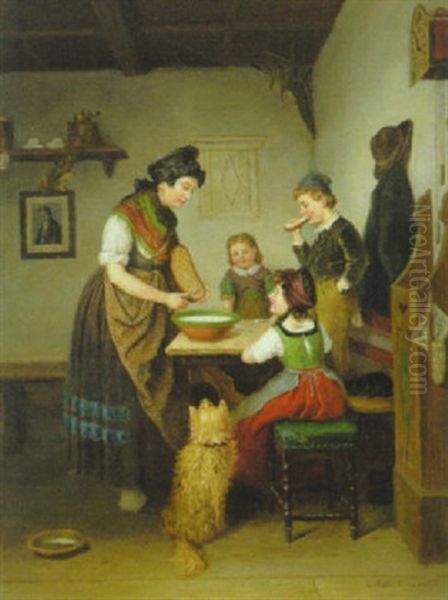 Junge Bauerin Mit Drei Kindern In Der Stube Am Tisch Bei Der Mahlzeit Oil Painting by Karl Hetz