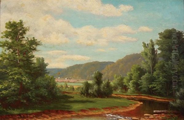 An Expansive River Landscape And A Wooded Landscape With Stream - A Pair Oil Painting by George T. Hetzel