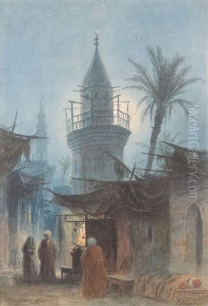 Old Street Of Cairo With Mosque And Figures Oil Painting by Hermann Ludwig Heubner