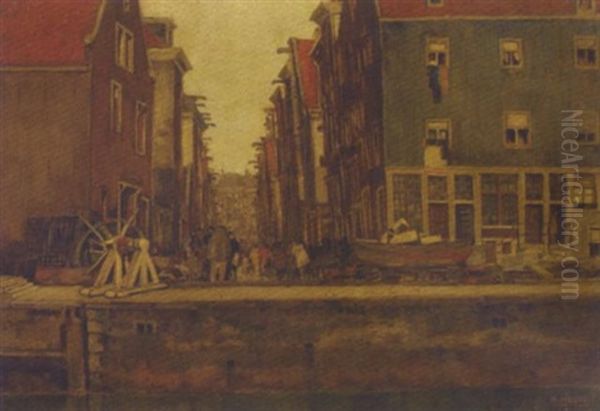 Daily Activities On The Zwanenburgwal, Amsterdam Oil Painting by Herman Heuff