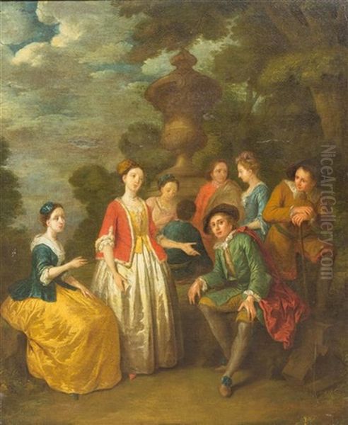 Seated Gentleman With Others By A Column Oil Painting by Cornelis Joseph d' Heur