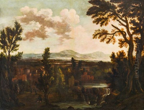 Weite Fluslandschaft Mit Dorfern Ud Reisenden Oil Painting by Jacob De Heusch