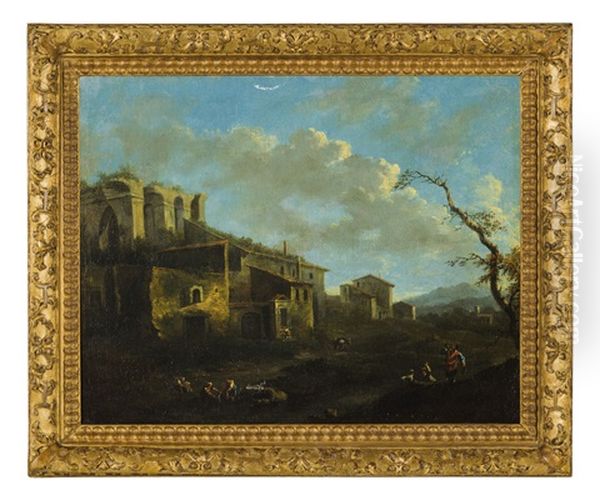 Paesaggio Con Case, Rovine Romane E Figure Oil Painting by Jacob De Heusch