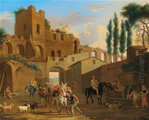 Horsemen And Washerwomen At A Well Near An Aqueduct Oil Painting by Jacob De Heusch