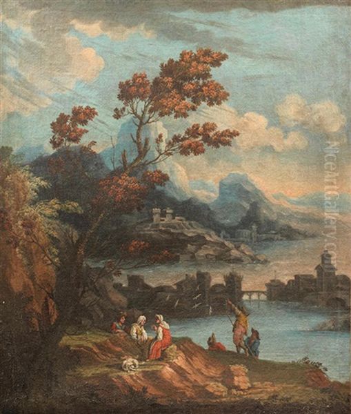 An Extensive Coastal Landscape With Figures Conversing In The Foreground Oil Painting by Jacob De Heusch