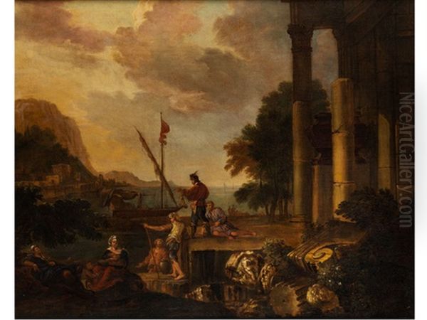 Landschaft Mit Ruinen, Figuren Und Booten In Einer Bucht Oil Painting by Jacob De Heusch