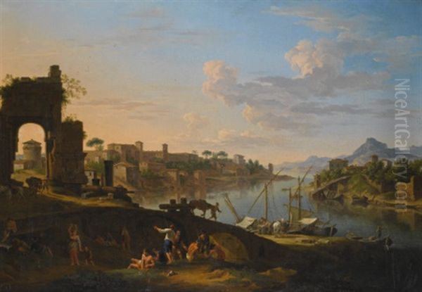 Capriccio Of The River Tiber In Rome Oil Painting by Jacob De Heusch