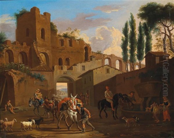 Horsemen And Washerwomen At A Well Near An Antique Aqueduct Oil Painting by Jacob De Heusch