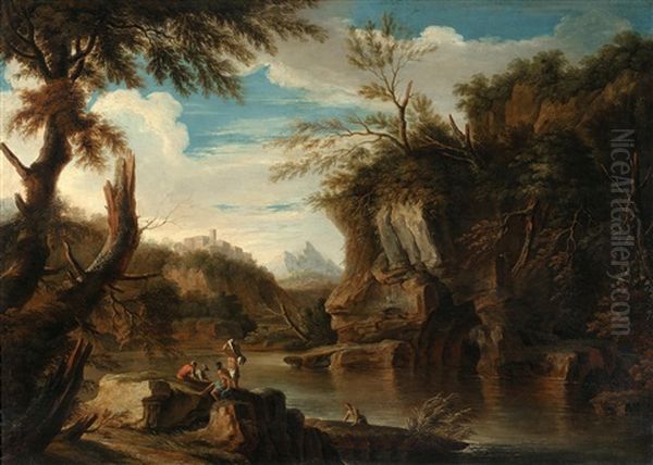 Figures In A Rocky River Landscape Oil Painting by Jacob De Heusch