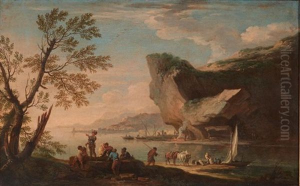 Soldats Conversant Pres D'un Rocher; Bateaux Pres D'une Tour Italienne (2 Works) Oil Painting by Jacob De Heusch