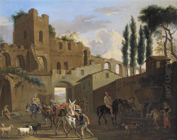 Riders And Washerwomen At A Fountain Before A Ruined Roman Aqueduct Oil Painting by Jacob De Heusch