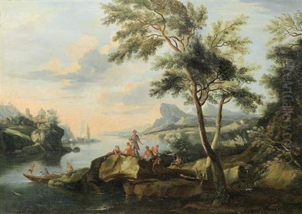 An Extensive Italianate River Landscape With Figures Resting On A Rock; And Figures Fishing In An Extensive Italianate River Landscape (2 Works) Oil Painting by Jacob De Heusch