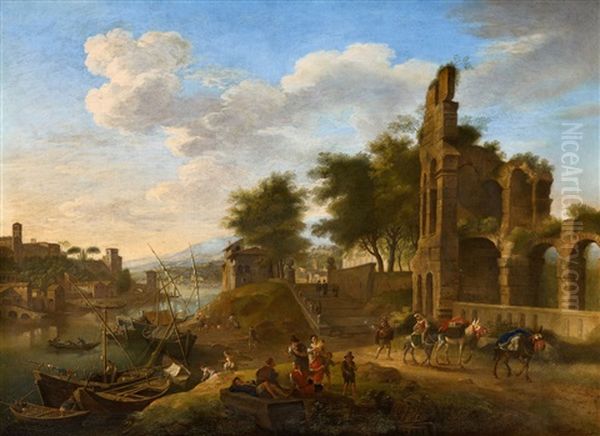 A Fanciful View Of Tevere With The Ripa Grande Oil Painting by Jacob De Heusch