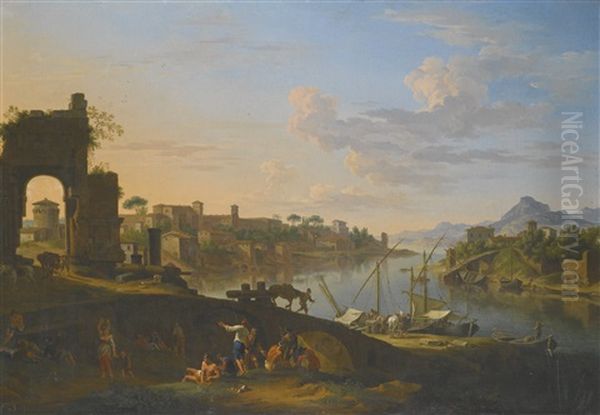 Capriccio Of The River Tiber In Rome Oil Painting by Jacob De Heusch