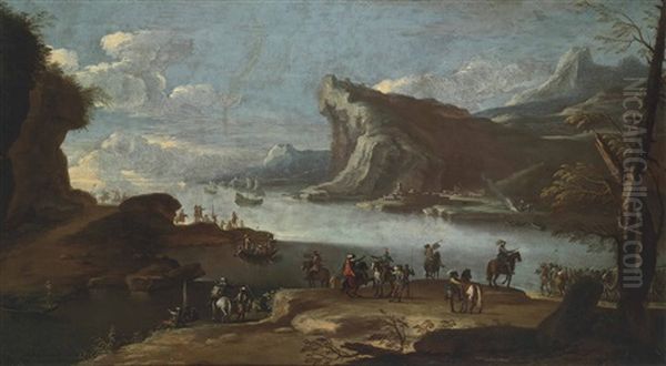 A Rocky Estuary With Troops On A Bank Oil Painting by Jacob De Heusch