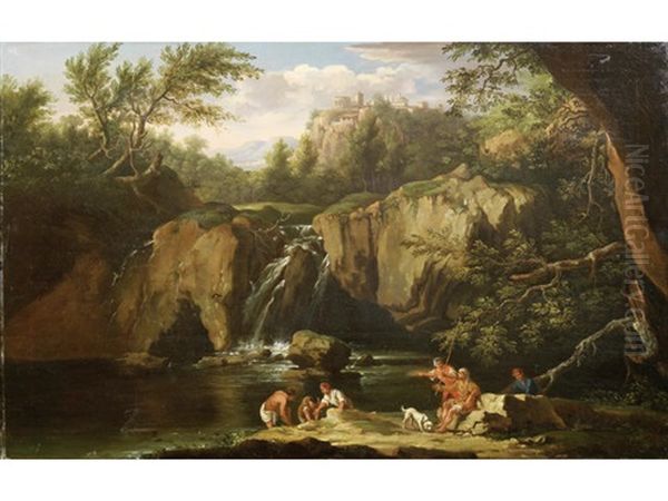 Figures Bathing Before A Waterfall, A View To Tivoli In The Distance Oil Painting by Jacob De Heusch