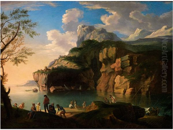 Felsige Kunstenlandschaft Mit Staffagefiguren Oil Painting by Jacob De Heusch