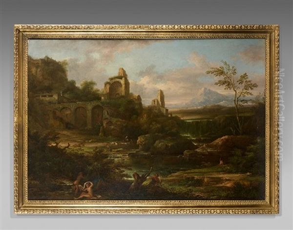 Paysage Classique Anime De Personnages Avec Le Temple De Venus Et De Rome Au Forum Romain Oil Painting by Jacob De Heusch