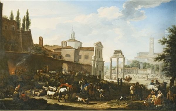 Rome, A View Of The Campo Vaccino Oil Painting by Jacob De Heusch