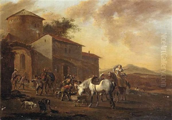 An Italianate Landscape With A Hunting Party Before An Inn Oil Painting by Jacob De Heusch