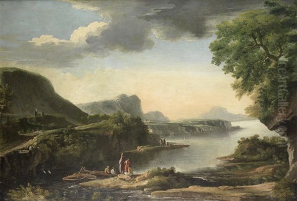 Figures Fishing On A Riverbank, An Extensive River Landscape Beyond Oil Painting by Jacob De Heusch