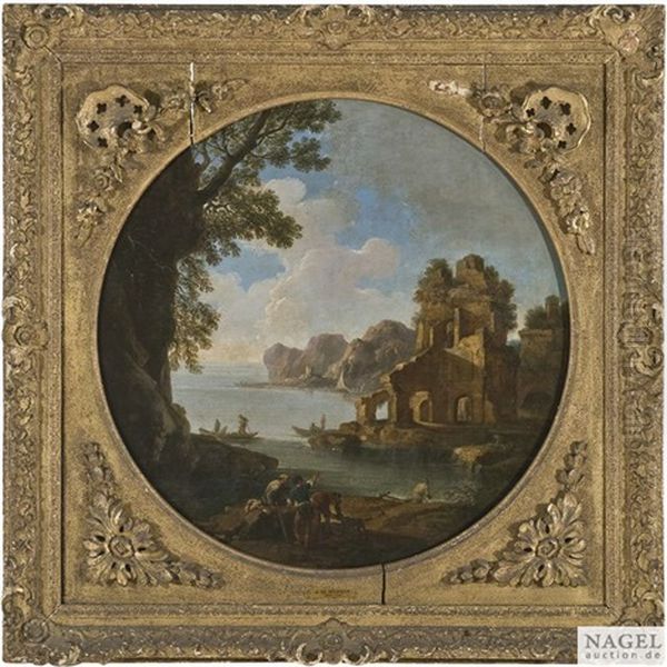 Italienische Kustenlandschaft Mit Einer Fischerbucht Und Ruinen Als Rundbild Oil Painting by Jacob De Heusch