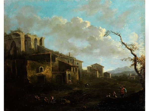 Landschaft Mit Bauerngehoften Und Romischer Ruine Oil Painting by Jacob De Heusch