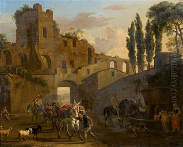 Paysans Et Cavaliers Devant La Fontaine, Derriere Des Ruines Antiques Oil Painting by Jacob De Heusch