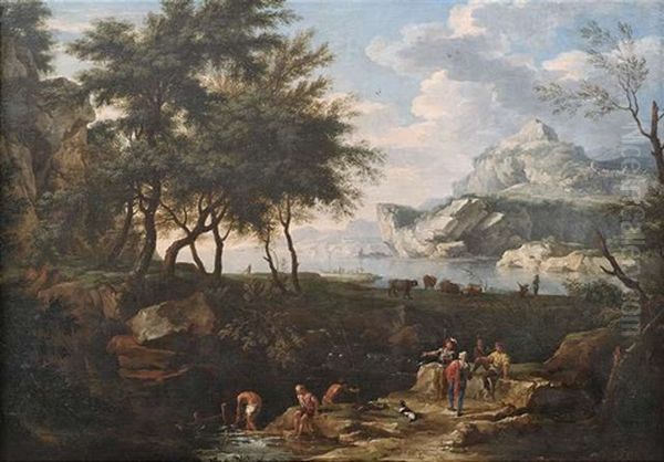 Weite Landschaft Mit Einer Meeresbucht Im Abendlicht, Im Vordergrund Reisende Und Soldaten An Einem Bach Oil Painting by Jacob De Heusch