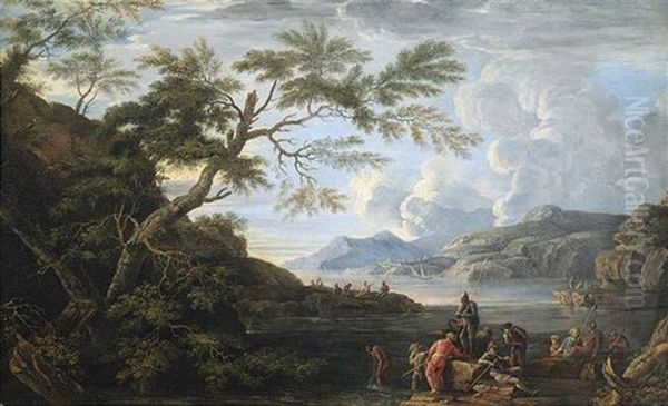 Weite Felsige Kustenlandschaft Mit Ausruhenden Soldaten Bei Bewolktem Himmel Oil Painting by Jacob De Heusch