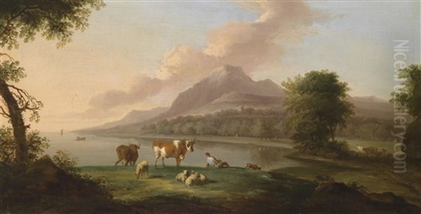 Sudliche Kustenlandschaft Mit Einem Hirten Und Vieh Oil Painting by Jacob De Heusch