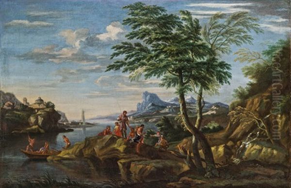 Sudliche Kustenlandschaft Mit Ausblick Auf Einen Leuchturm Und Fischern Auf Einem Felsen Oil Painting by Jacob De Heusch