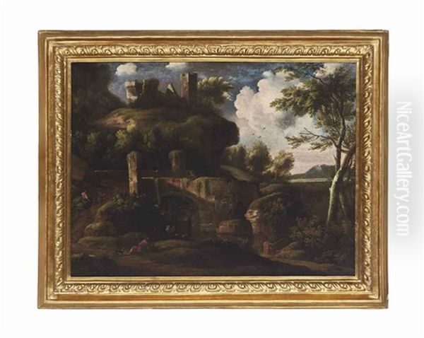 A Rocky River Landscape With Travellers On A Track, Ruins Beyond Oil Painting by Jacob De Heusch