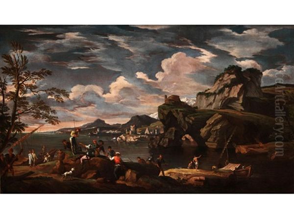 Sudliche Kustenlandschaft Mit Meeresbucht, Ansteigenden Felsigen Bergen Und Reicher Figurenstaffage Oil Painting by Jacob De Heusch