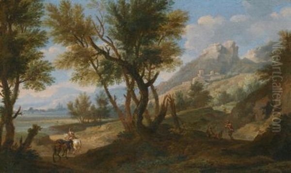 An Italianate Landscape With A Muleteer On A Wooded Path, A River And Mountains Beyond Oil Painting by Jacob De Heusch