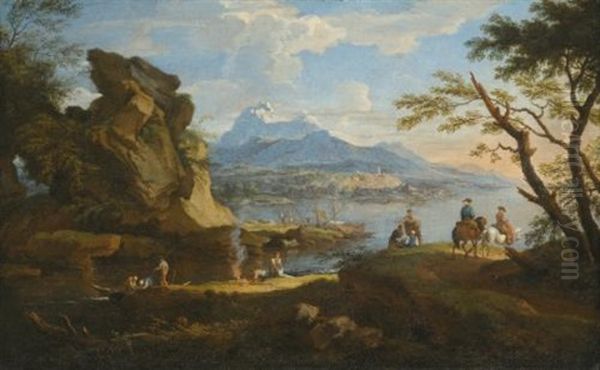 A Harbour Scene With Fishermen Returning To Shore, Some Travellers Setting Up Camp, And Two Riders On A Pass, Mountains Beyond Oil Painting by Jacob De Heusch