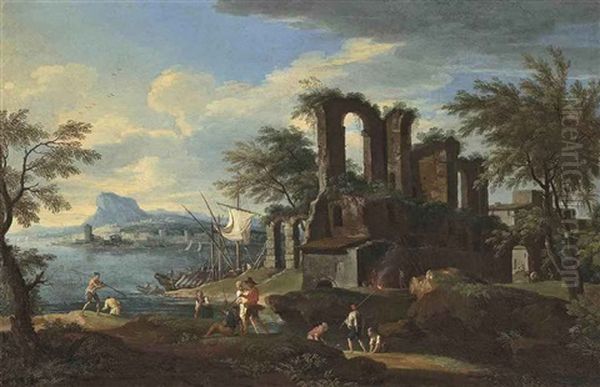 A Coastal Landscape With Fishermen On The Shore Near Classical Ruins, A Mountain Range Beyond Oil Painting by Jacob De Heusch