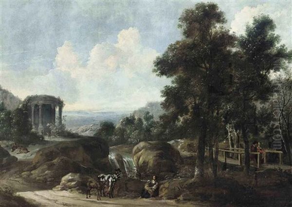 An Italianate Landscape With Peasants On A Track By A Stream, With A Couple Crossing A Bridge, A Classical Temple Beyond Oil Painting by Jacob De Heusch