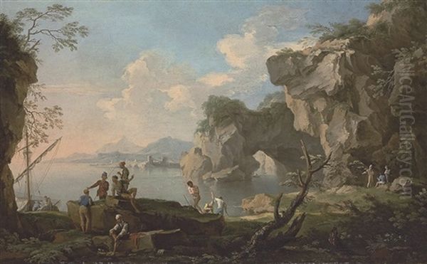 A Coastal Landscape With A Natural Arch, Fishermen In The Foreground Oil Painting by Jacob De Heusch