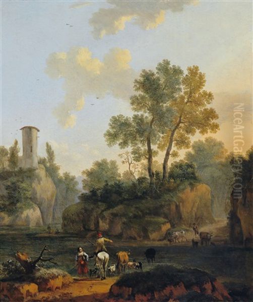 Italienische Landschaft Mit Einem Flusslauf, Einem Wachtturm Und Hirtenstaffage Oil Painting by Jacob De Heusch