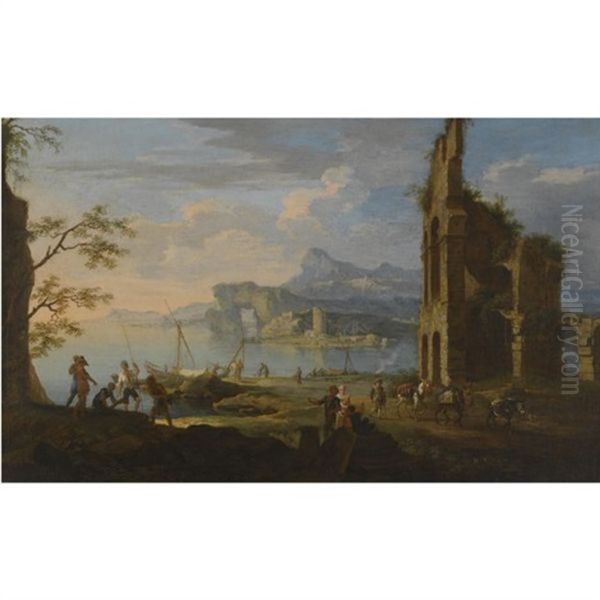 A Mediterranean Harbour Scene With Ruins And Figures Unloading Cargo In The Foreground Oil Painting by Jacob De Heusch