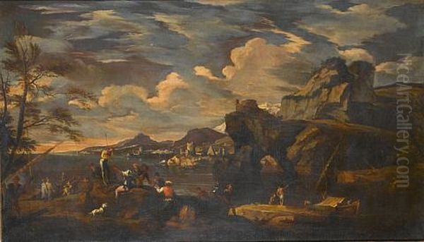 A Mediterranean Coastline With Figures Resting On Rocks In The Foreground Oil Painting by Jacob De Heusch