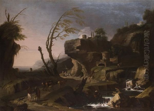 Felsige Herbstlandschaft Mit Wasserfall Und Figurenstaffage Oil Painting by Jacob De Heusch