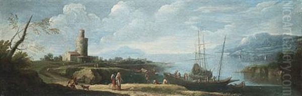 A River Estuary With Moored Shipping And Figures On The Shore In The Foreground Oil Painting by Jacob De Heusch